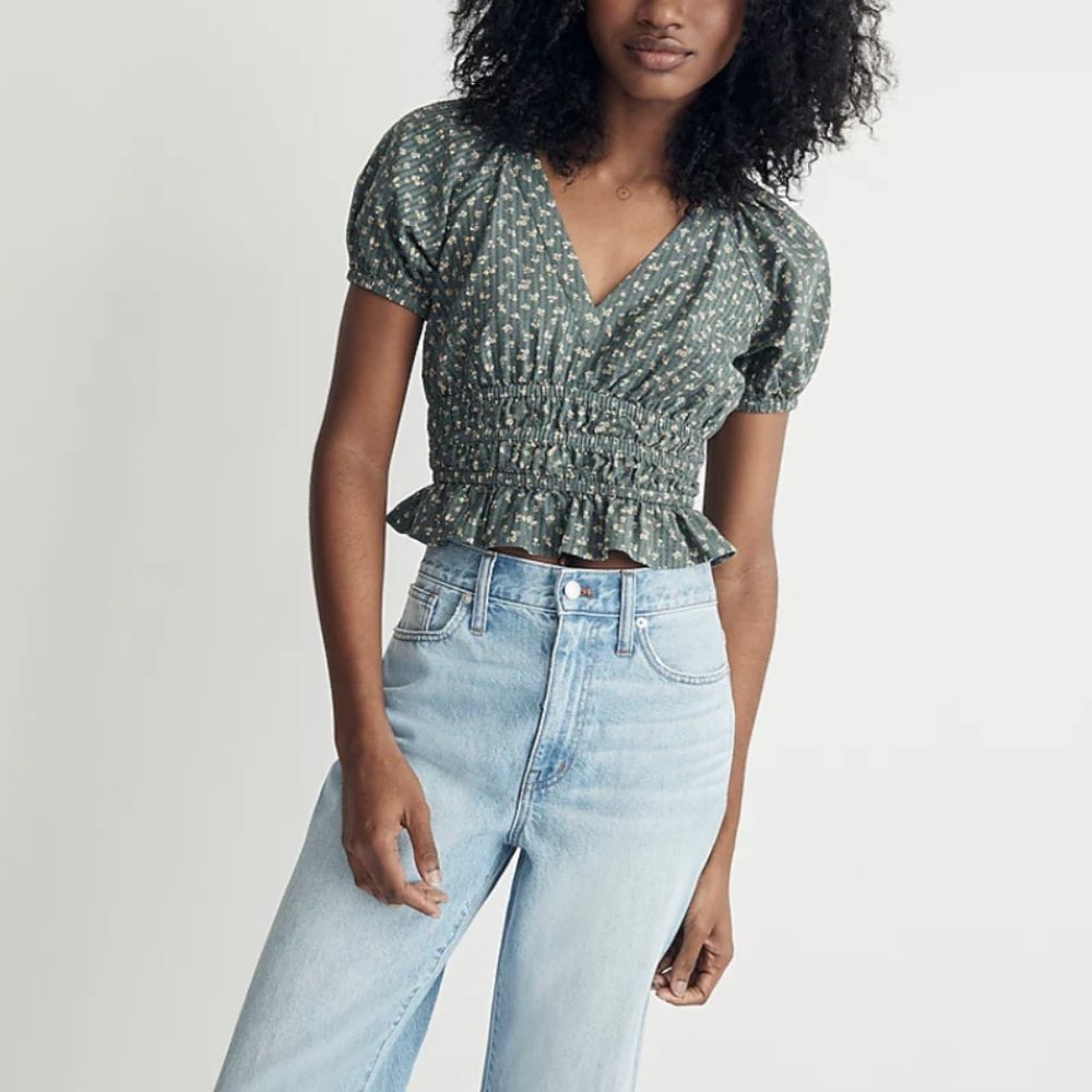 Madewell Poplin Puff-Sleeve Smocked Crop Top in Bitsy Bouquet, Size XS